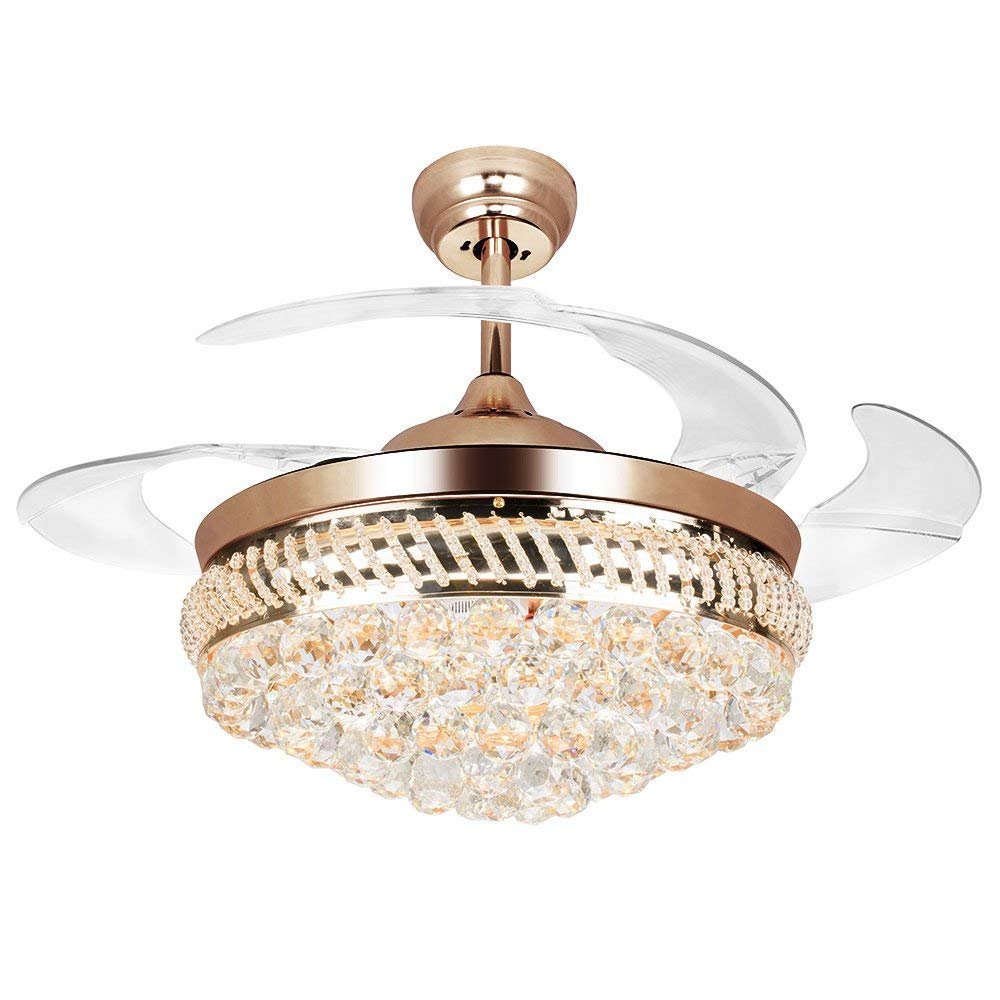 COLORLED Modern Crystal Ceiling Fan with Remote Control Transparent Acrylic Blade Retractable Ceiling Fan Chandeleir 42-inch Lighting Fan Led Lights for Indoor Living Room Bedroom Dining Room -Gold