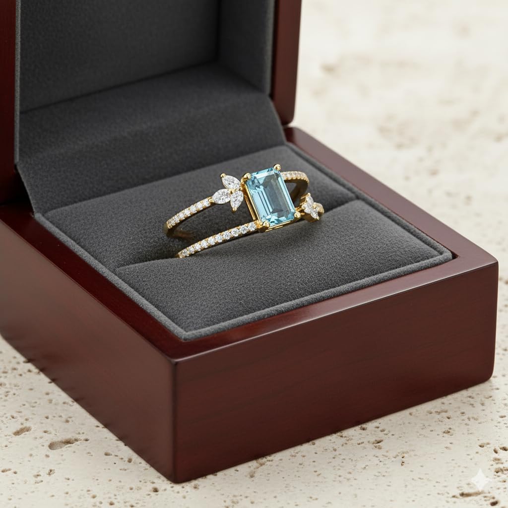 Handmade 925 Sterling Silver Double Strand Emerald Cut Blue Topaz Ring, Minimalist Wedding Engagement Band for Women