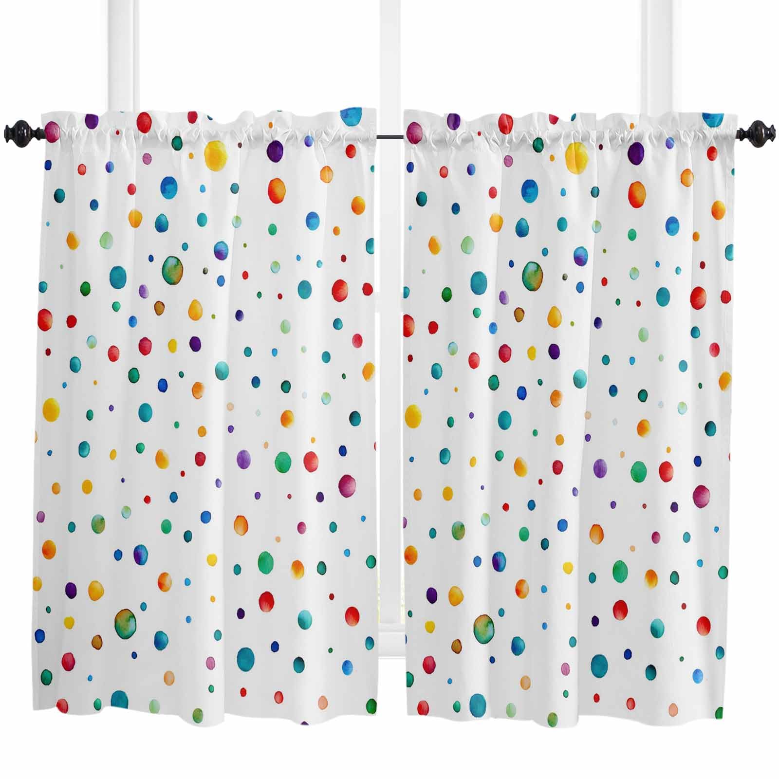 Colorful Polka Dot Window Short Curtains 45 Inch Length, Watercolor Color Point Rod Pocket Window Treatment Kitchen Drapes for Bedroom, Cafe, Living