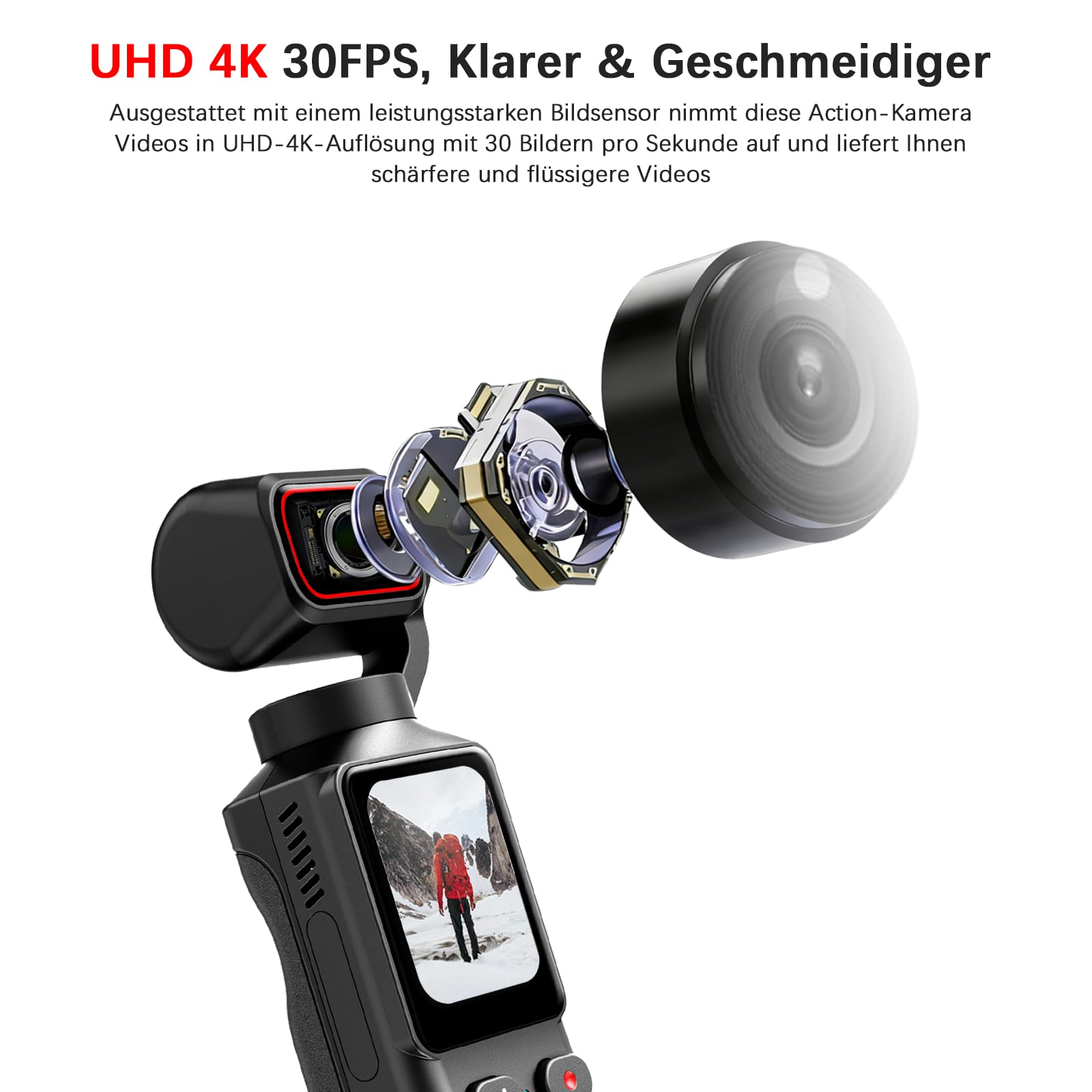 4K Mini Vlogging Camera Action Cam, Mini Pocket Vlog Kamera Live Übertragung Handy mit 32GB SD Karte, Tragbar Bildstabilisator Aktion Kamera mit Touchscreen und Langer Akkulaufzeit