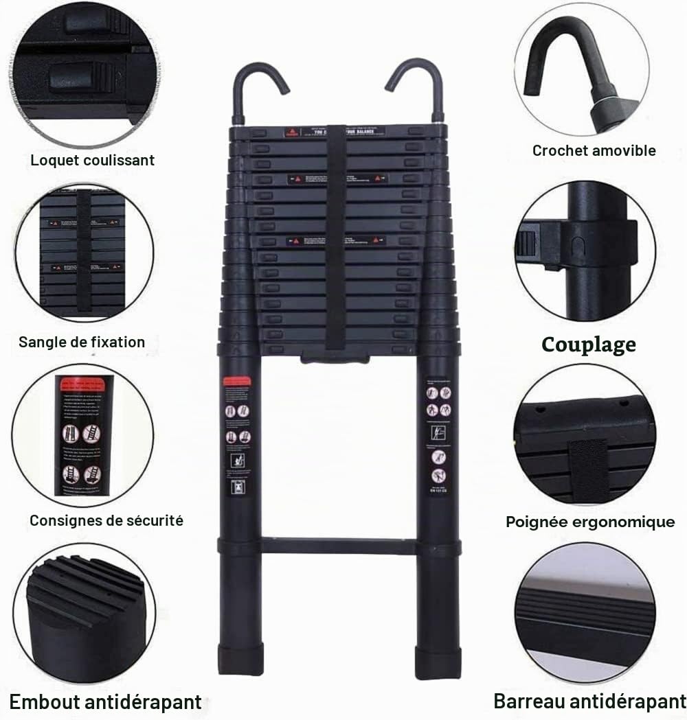 Échelle télescopique de 6,2 m/20,34 ft avec Crochet de Toit Amovible Multi-Usage échelle Noire Pliable en Aluminium Haute échelle télescopique Extension échelle Pliable