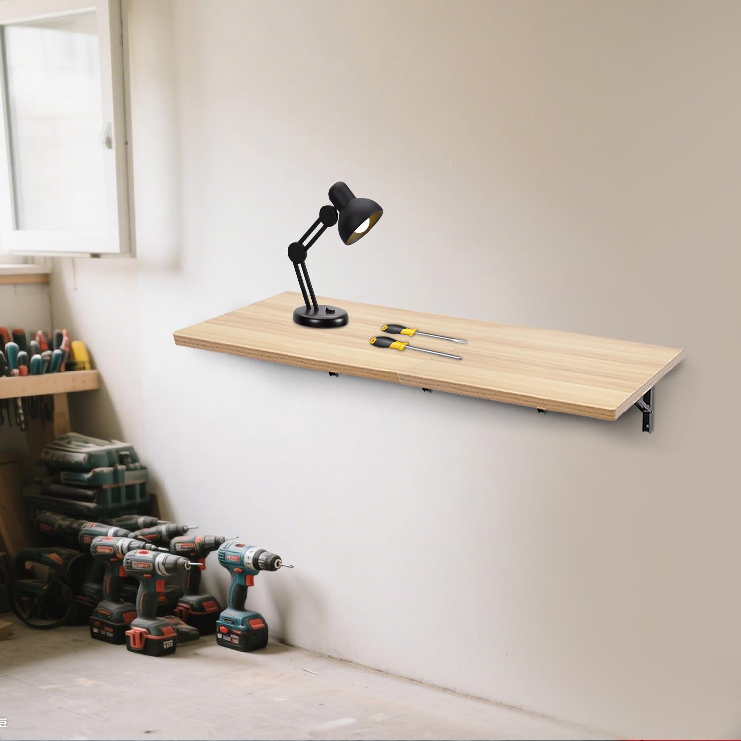 Banco de trabajo montado en la pared, 2 artículos, color madera, mesa plegable para taller, garaje, oficina, hogar, 60 x 58 x 25 cm