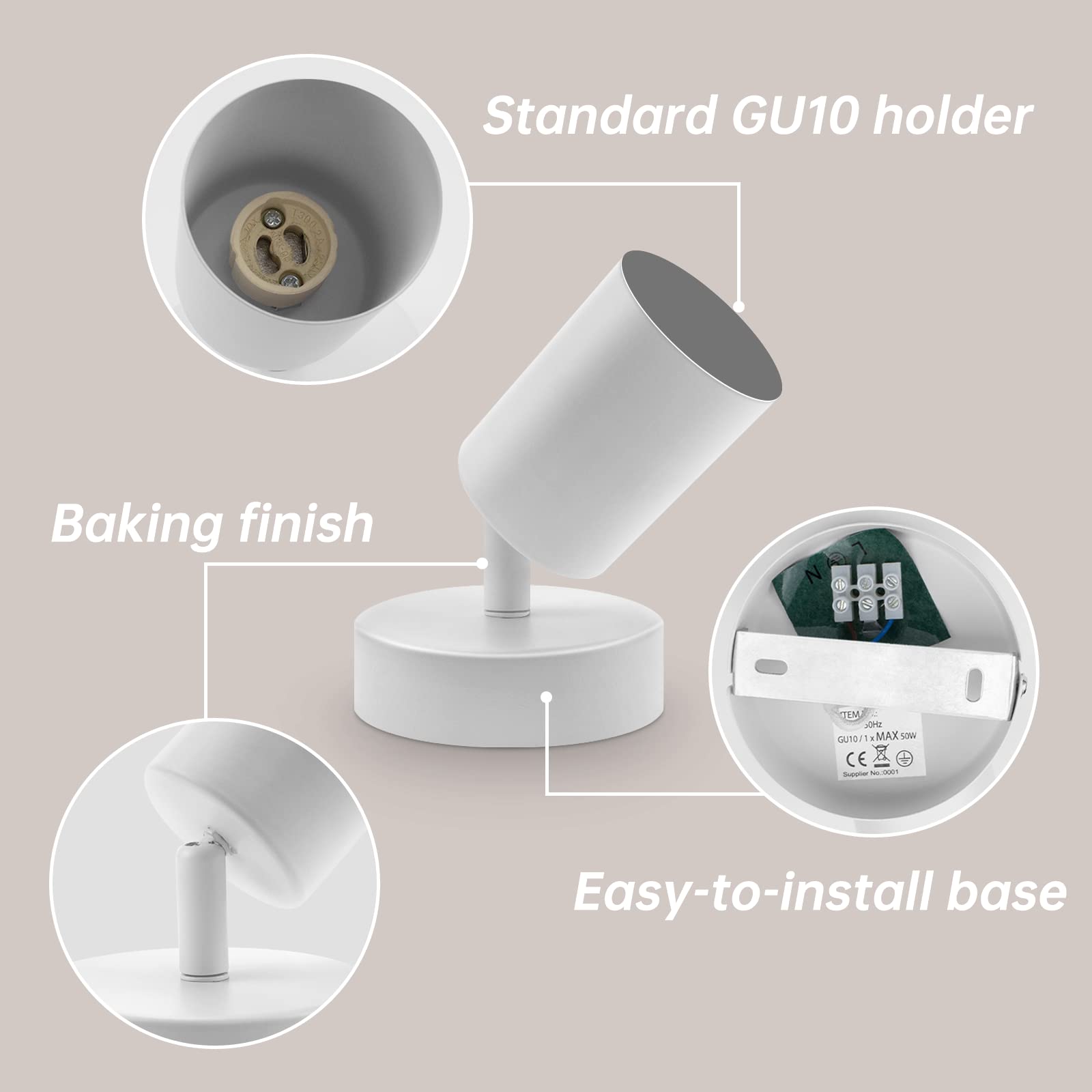 Ketom Lampada Faretti da Soffitto Orientabili, GU10 Faretti LED da Soffitto Bianco Moderna Plafoniera LED Faretti 1 Luce, Faretto da Parete Interno per Barra, Cameretta, Cucina, Senza Lampadina