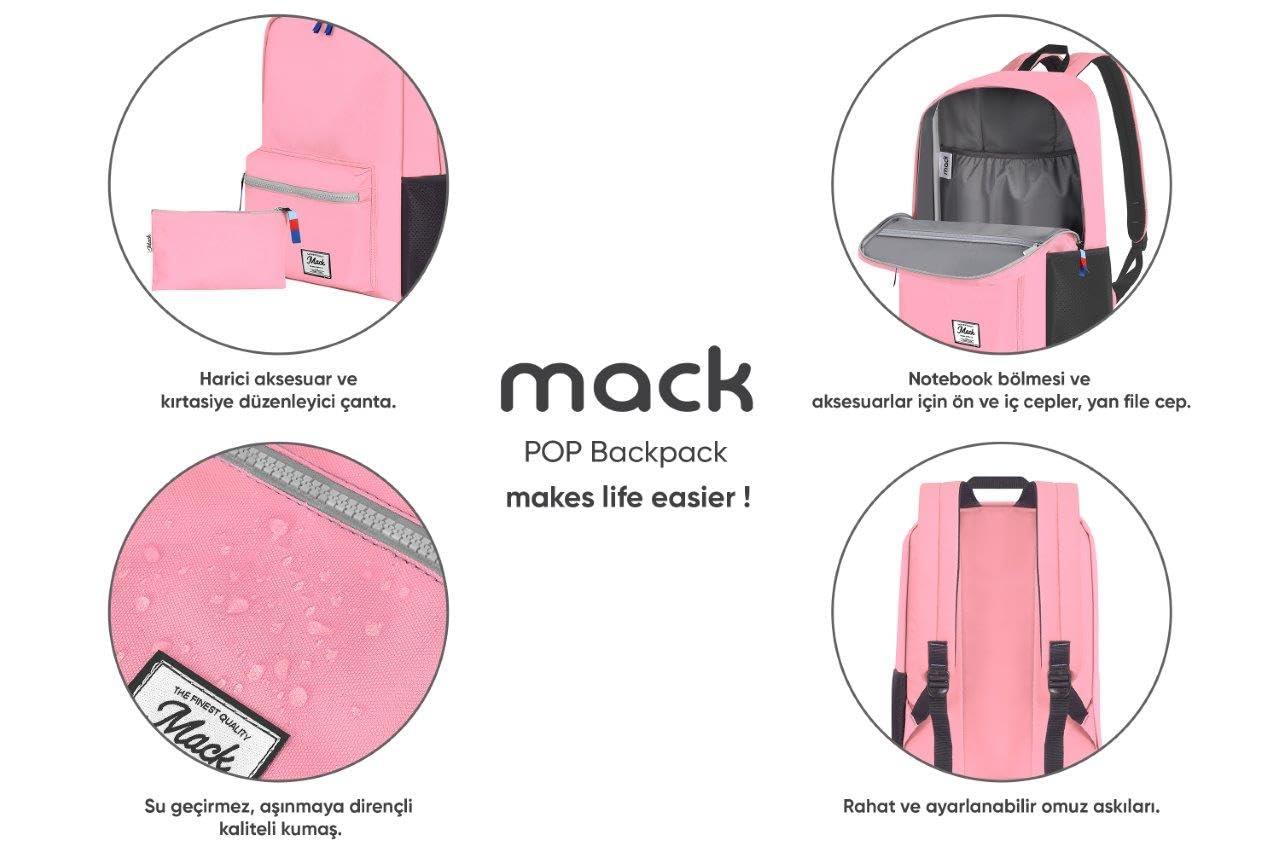Mack POP MCK-005 Kadınlar Erkekler için Sırt Çantası, Su geçirmez Okul Çantası, Hafif Günlük Seyahat Sırt Çantası, Laptop Çantası, Bilgisayar Çantası, Pembe