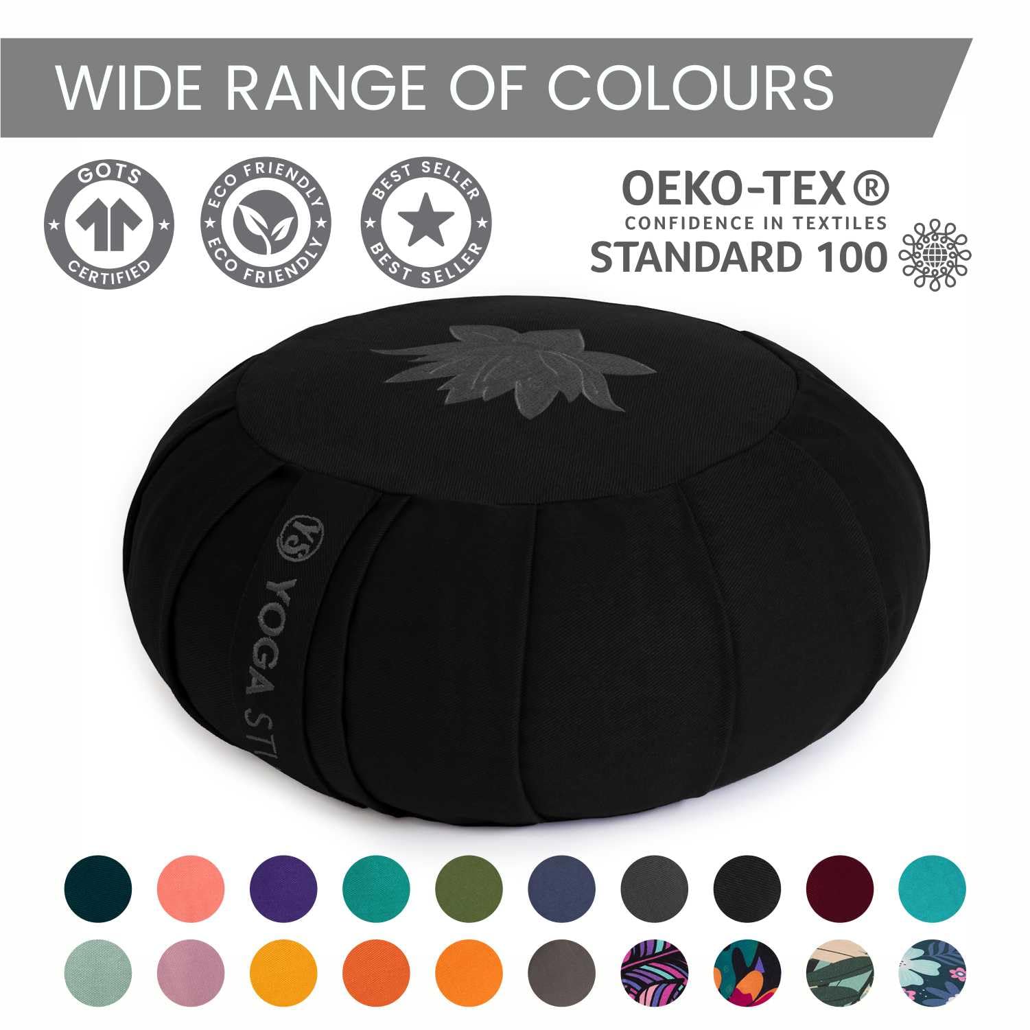 Yoga Studio YS Med/Cush/Black/Lot Cojín de meditación de alforfón de zafu Redondo Plisado, Color Negro, Unisex, Normal