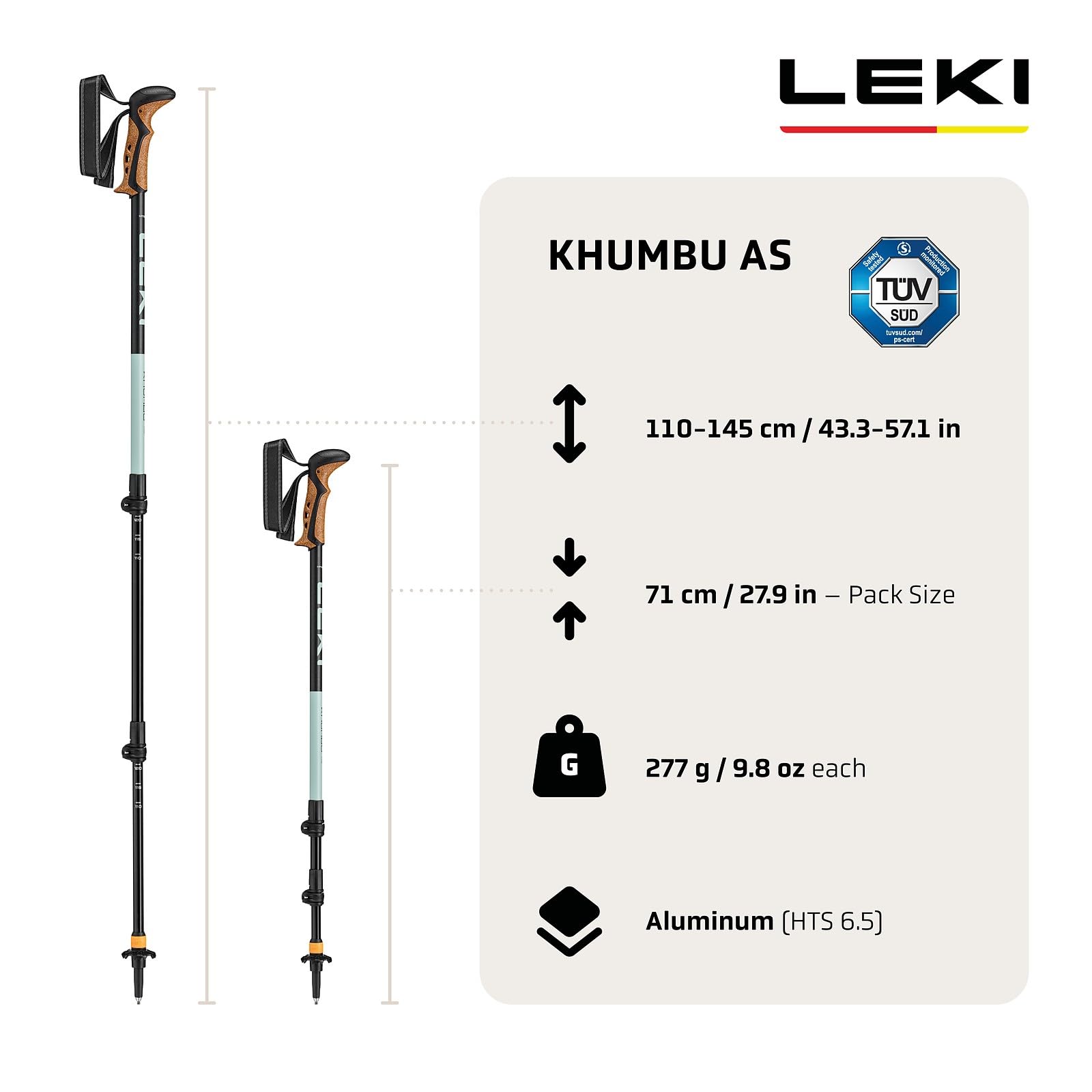 LEKI Khumbu AS Wanderstöcke Damen & Herren | verstellbare Trekkingstöcke aus Aluminium (110-145cm) mit Trekkingteller | Antishock Dämpfungssystem by LEKI