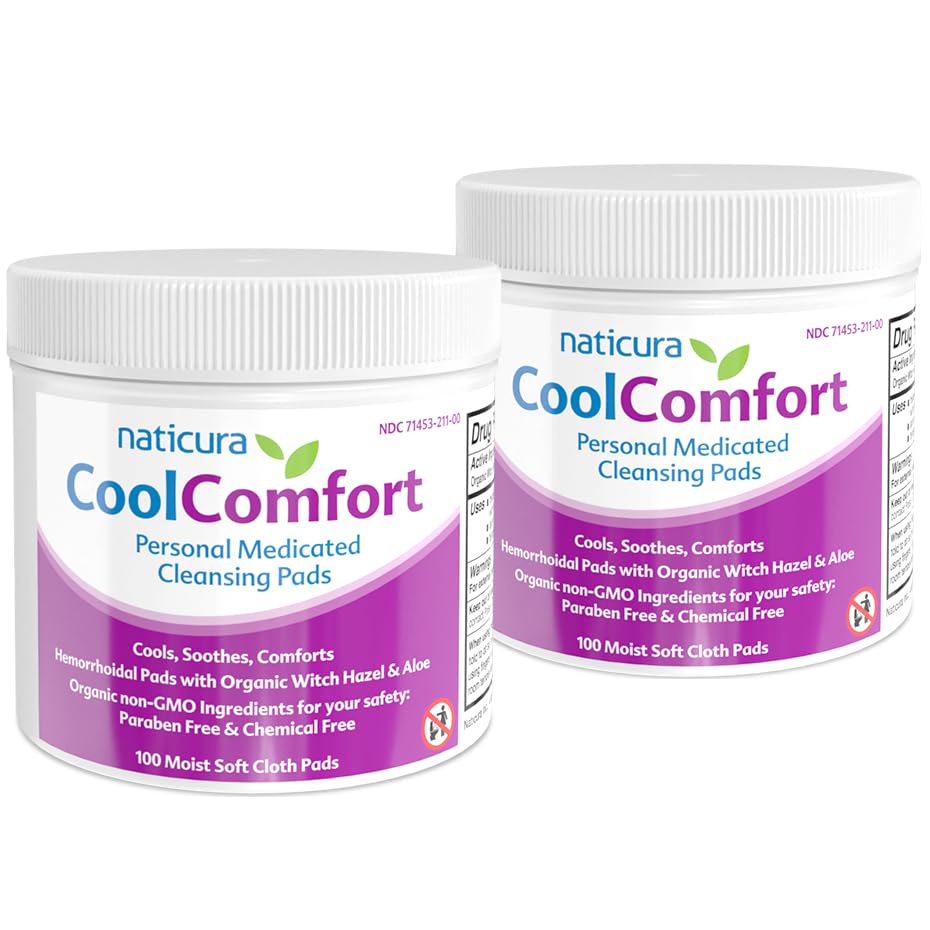 CoolComfort Personal Cleansing Pads with Organic Witch Hazel and Aloe Vera - All-Natural and Fast Acting Wipes for Hemorrhoid Burning, Itching, Pain and Swelling - No Parabens - 2 Pack