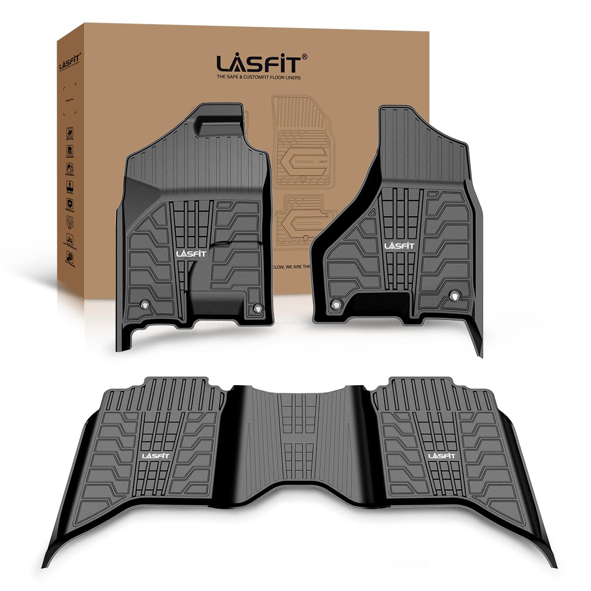 LASFIT Floor Mats 2013-2018 for Dodge Ram 1500/2500/3500 Crew Cab, 2019-2024 for Dodge Ram 1500 Classic Crew Cab 4 Full Size Doors All Weather TPE Custom Fit Car Mats Floor Liners 1st & 2nd Row, Black