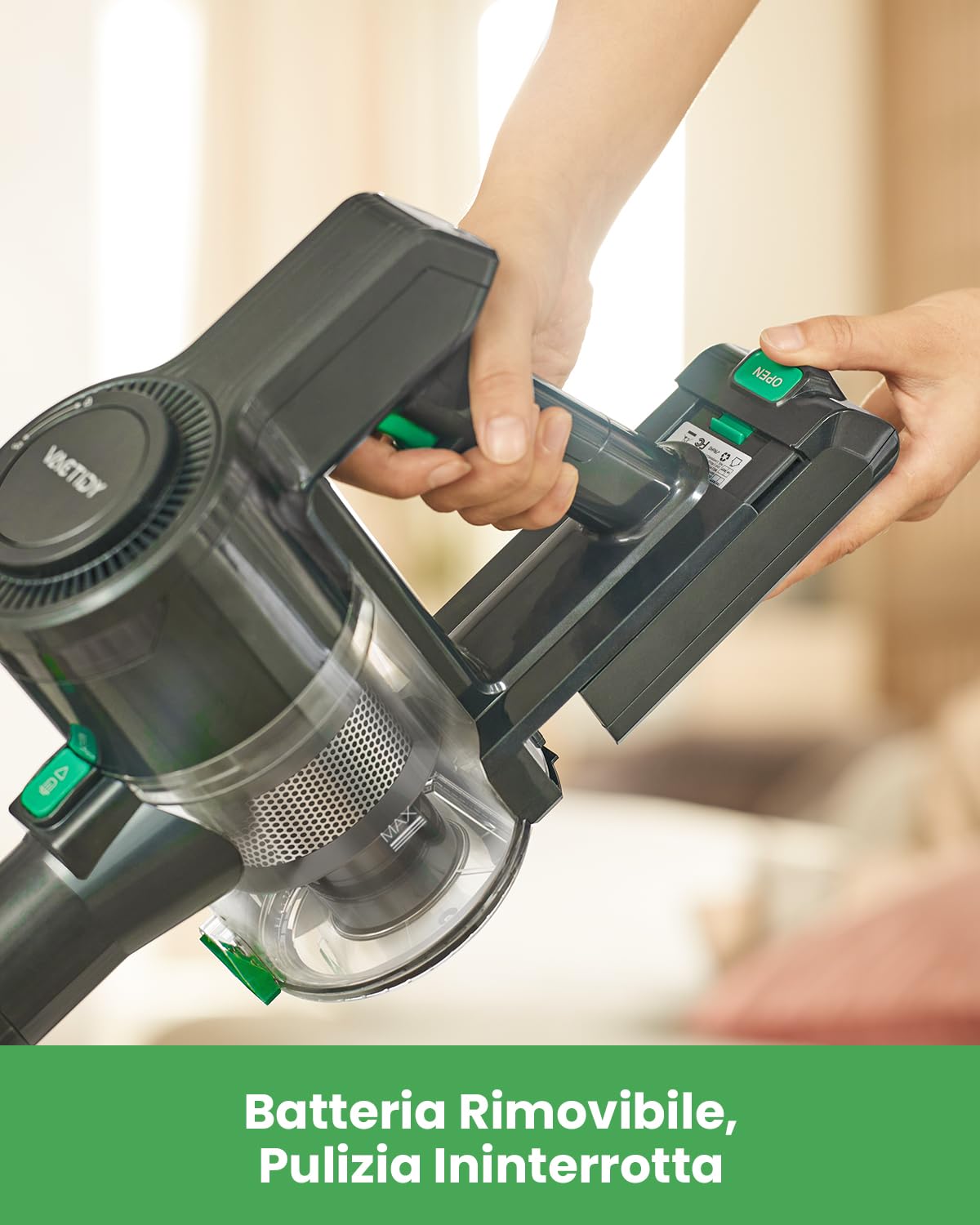 Vactidy V9 Aspirapolvere Senza Fili, 30KPa Scopa Elettrica Senza Fili, 250W Motore Brushless con Batteria Rimovibile, 45 Minuti Autonomia per Peli Animali/Tappeti/Pavimenti