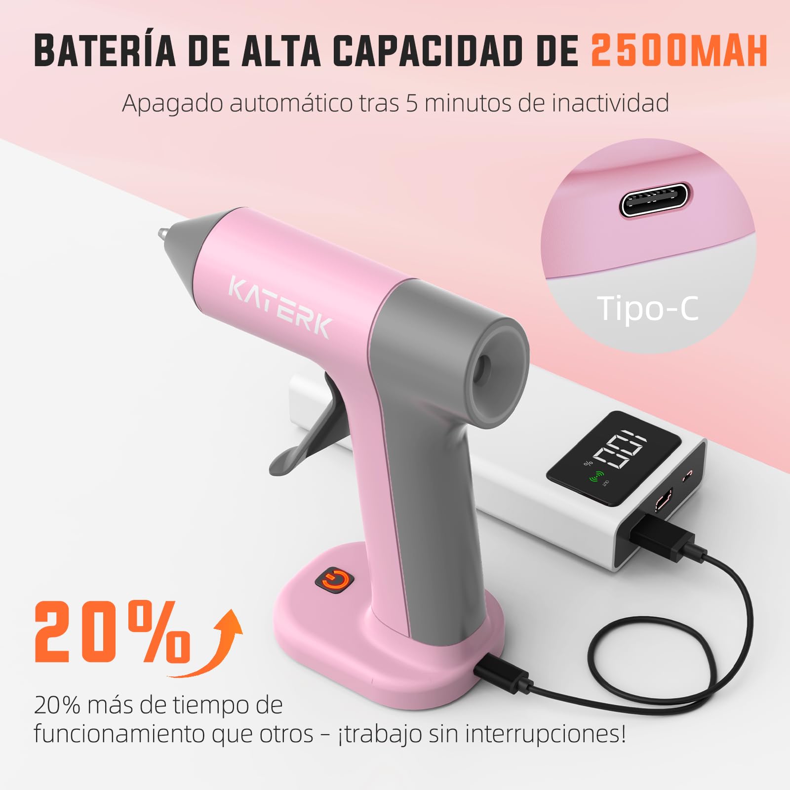 Katerk Pistola Silicona Caliente Inalambrica 2500mAh, Calentamiento 30S, Diseño Antigoteo, Incluye 20 Barras de 7mm (Claras y Color), Apagado Inteligente, Pistola Cola Quentepara DIY y Manualidades