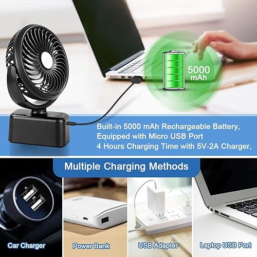 Miniatura 7 de Ventilador portátil para acampar con luces LED, ventilador silencioso para cochecito con 3 ajustes de velocidad y brillo, ventilador oscilante de