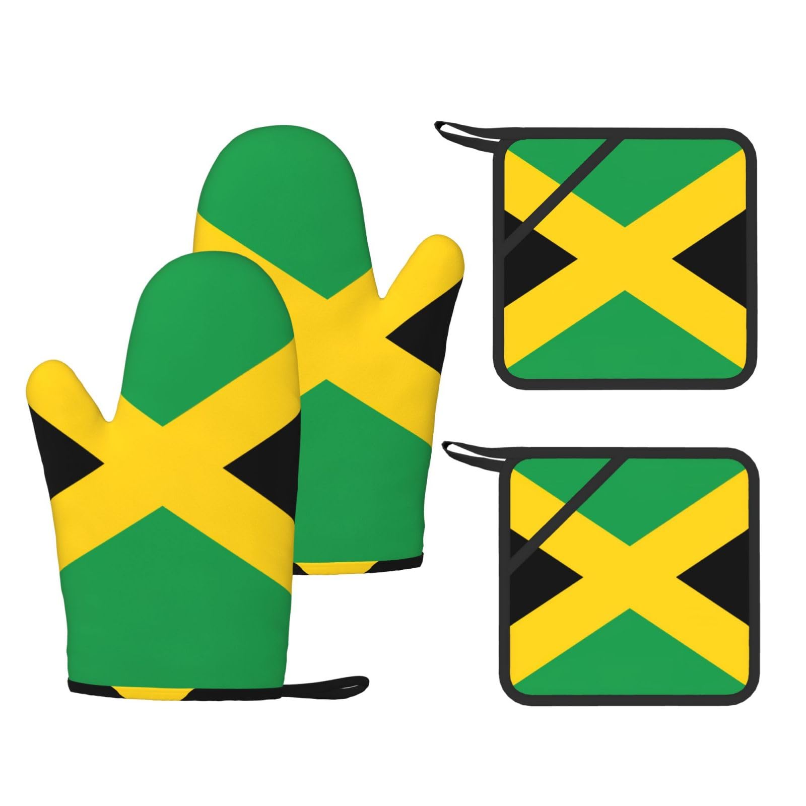 Flag of Jamaica Printed Kitchen Oven Gloves and Potholder 4 Pcs, Non-Slip Heat Resistant Mitts for Baking Chef
