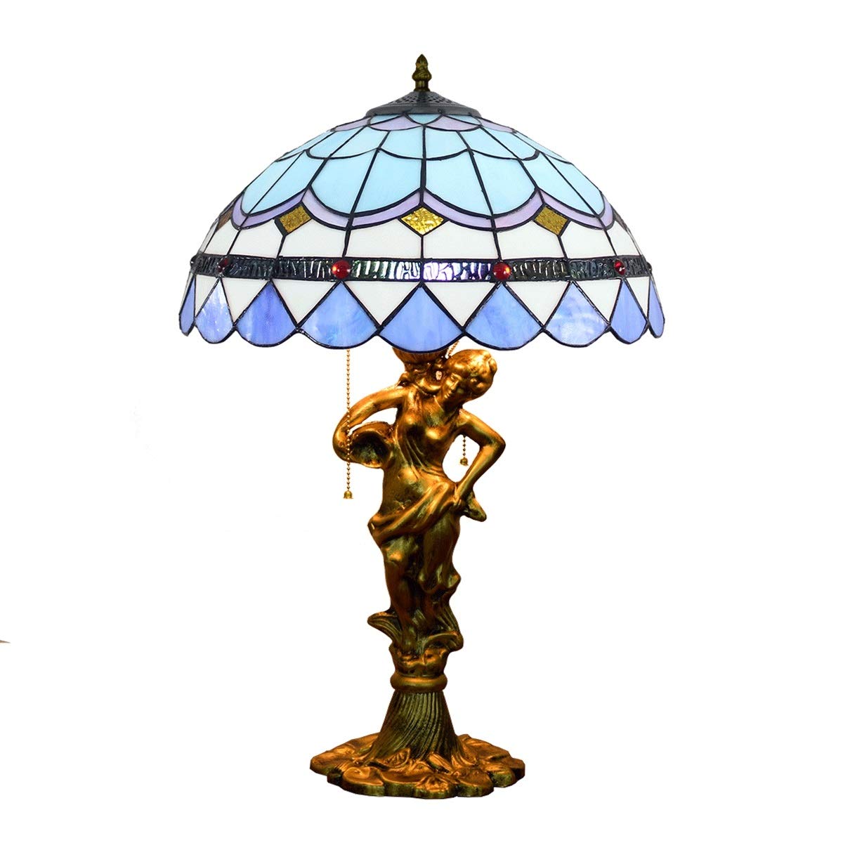Aioneer 16 Inch Tiffany Stained Glass Table Lamp European Blue Mediterranean Creative Stained Glass Living Room Dining Room Bedroom Bedside Beauty Alloy Desk Lamp