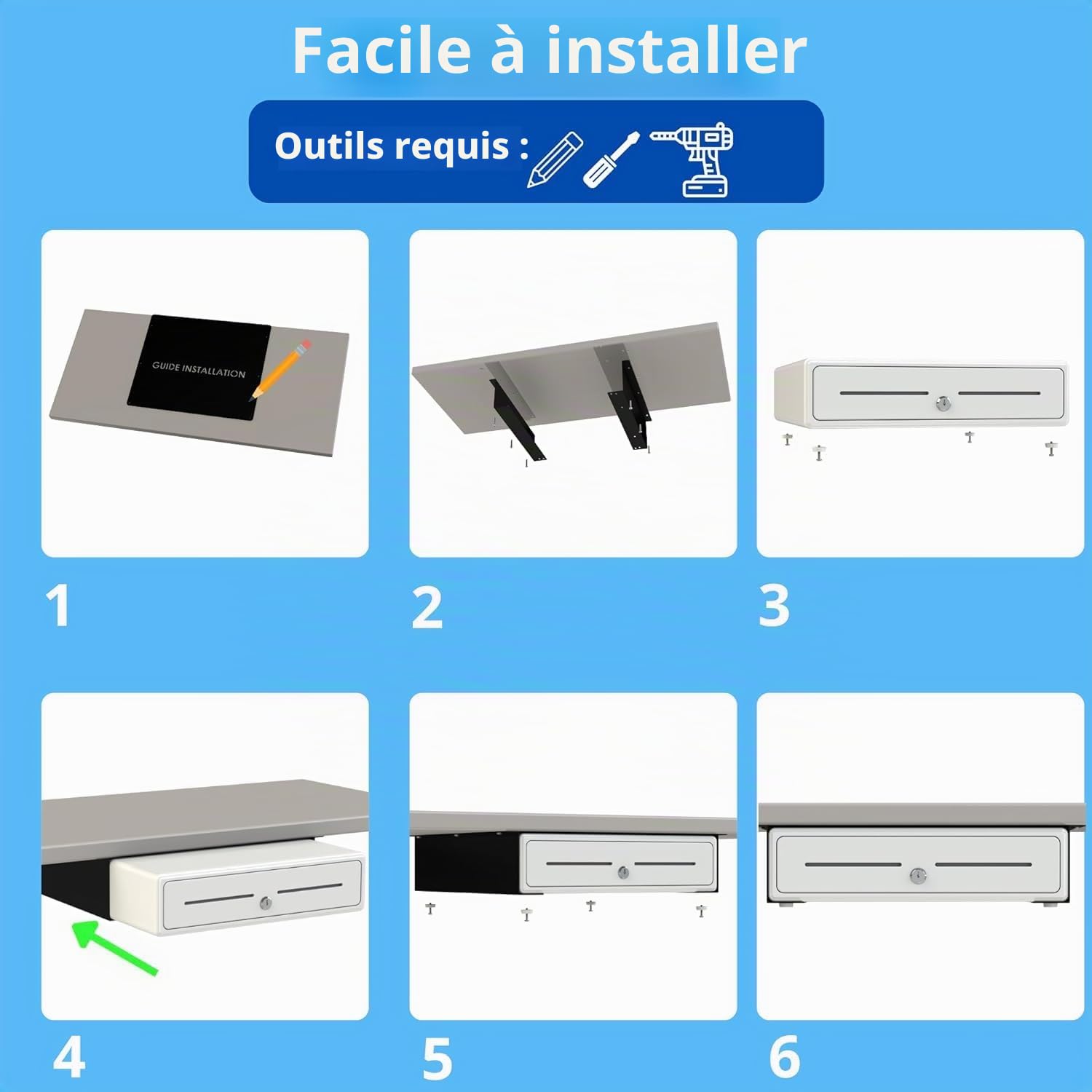 Tiroir caisse enregistreuse avec supports métalliques pour montage sous le comptoir - 4 billets/8 pièces (Euro) - 24 V RJ11/12 - 41 x 41 x 11 cm