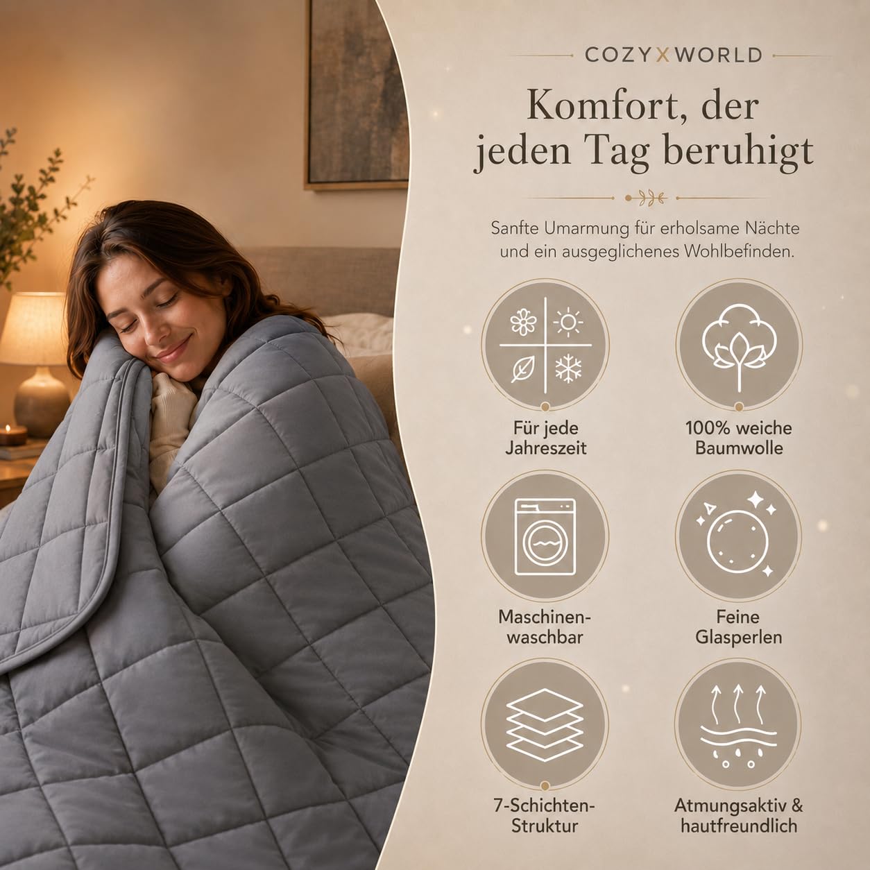 Gewichtsdecke 135x200cm 7kg 100% Baumwolle Oeko-Tex Zertifiziert Grau