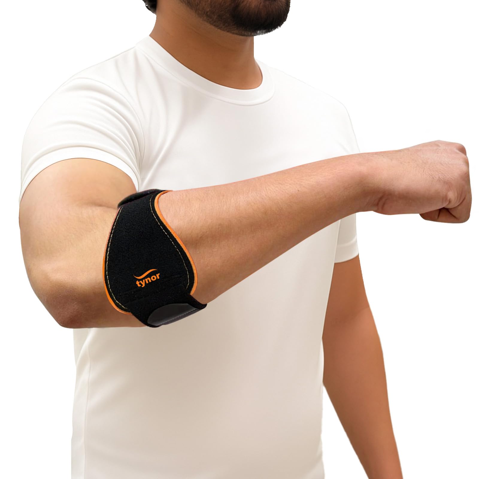 Tennis & Golfer's Elbow Support Pro for Men & Women Adjustable Elbow Strap with Compression Pad Forearm Brace for Tendonitis Arm Band- Black & Orange, Free Size