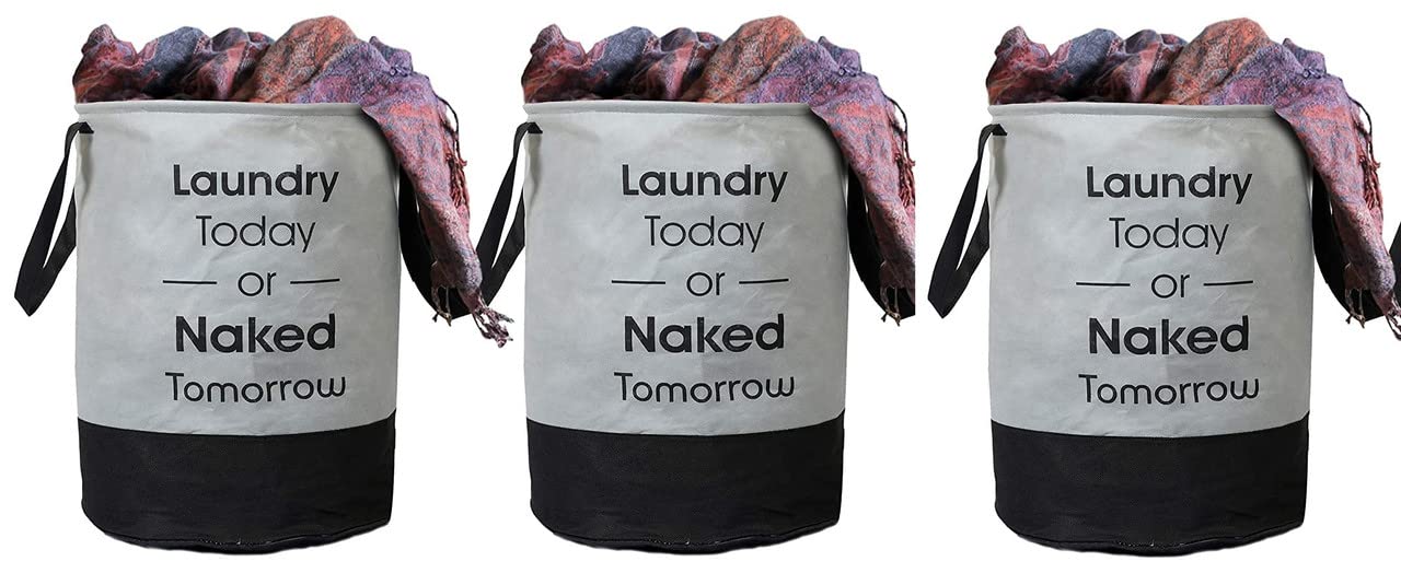 Craft Bazar Round Canvas Black & Grey Non-Woven Metallic Print 45 L Laundry Bag Storage Basket Durable Collapsible for Dirty Clothes Foldable Bin with Side Handle for Clothes, Toy Storage (Set of 3)-image-1