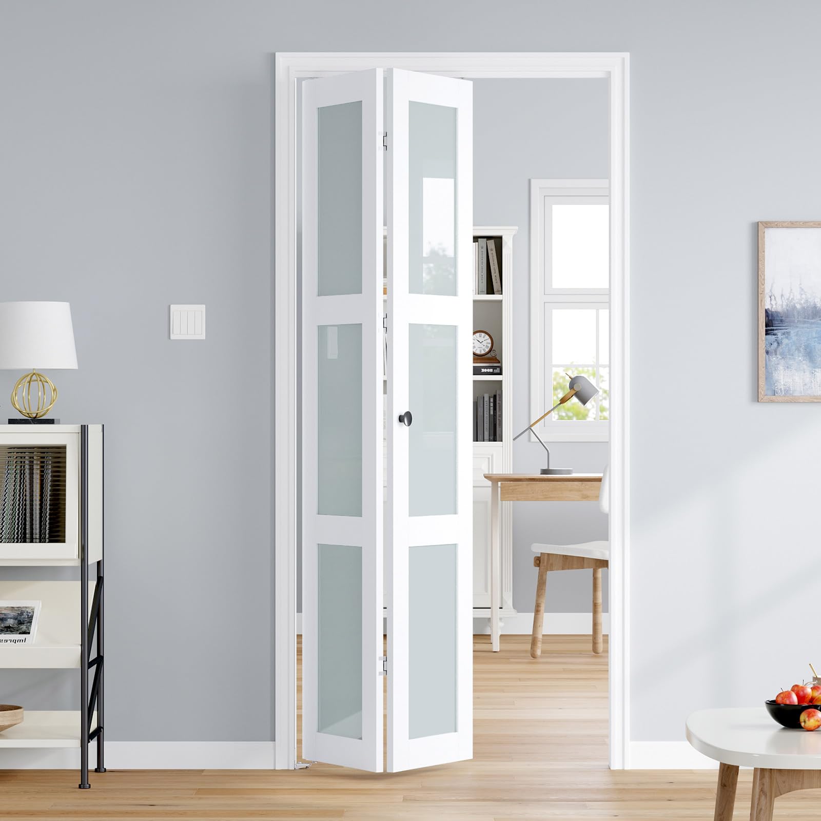 Photo 1 of Roymelo Bifold Doors for 36"×80-3/4" Opening, White Frosted Glass Folding Barn Door, Sliding Interior Wood Panel Closet Bifolding Door with Concealed Hardware Kit Included