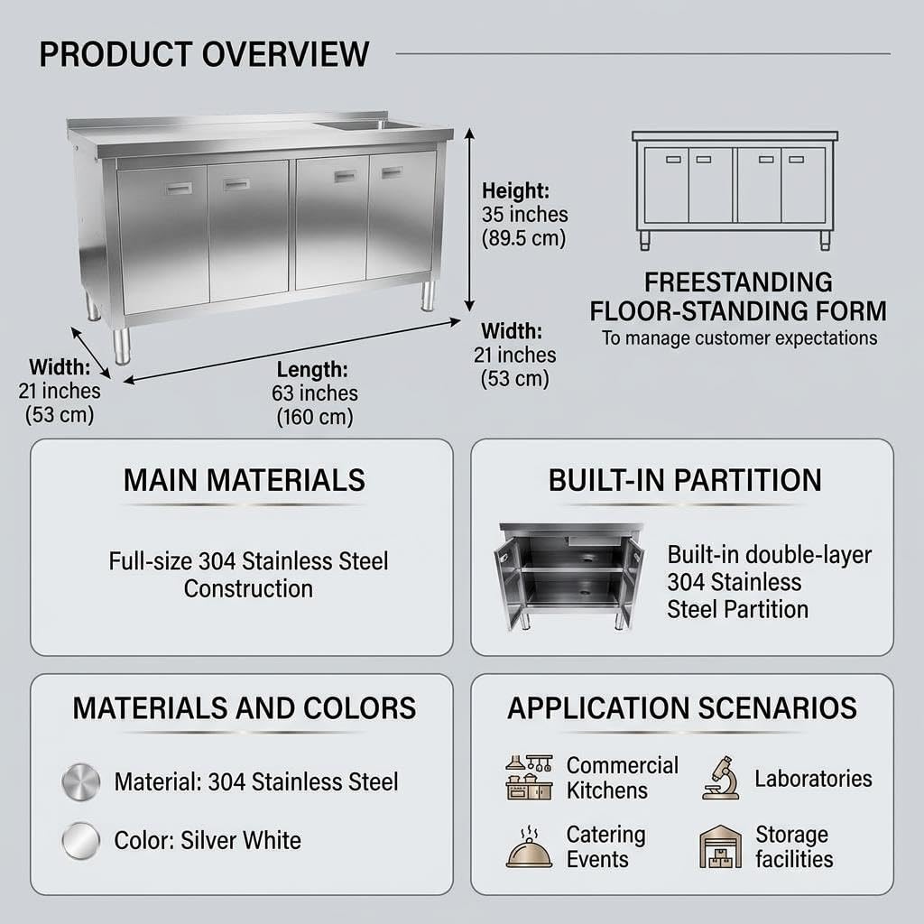 Freestanding Stainless Steel Sink with Cabinet – 63" x 21" x 35" Commercial Utility Sink with Prep Table, 4-Door Double Layer Storage, Heavy Duty Workstation for Outdoor Kitchen, Garage, Laundry Room