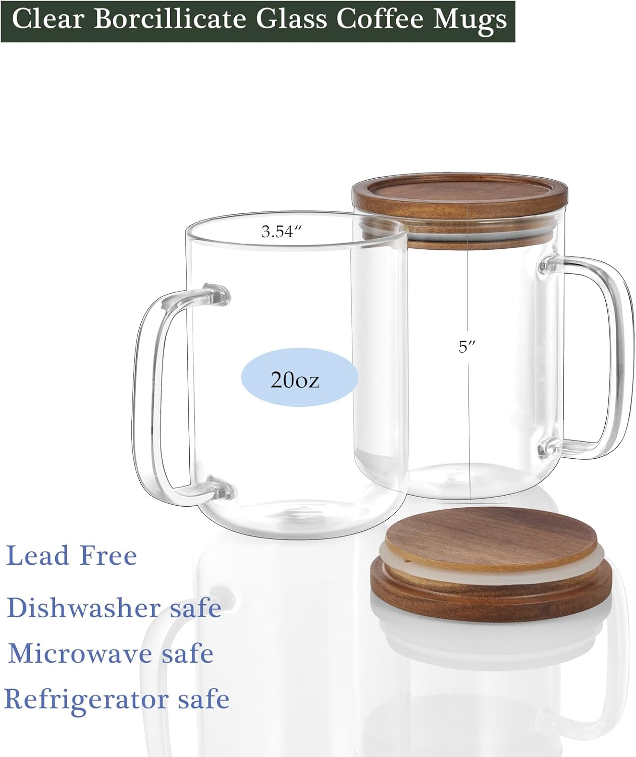 DRASTAR Glass Coffee Mugs, 20 oz Clear Coffee Cups, Coffee Mug with Acacia Wood Lid, Tea Glass Cups with Handles, Large Coffee Mug Set of 2, Glass Coffee Cups for Latte, Espresso, Tea - Image 3