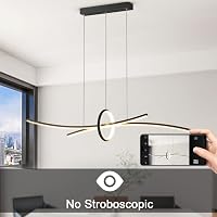 BRIMETI Modern Függőlámpa - 100 cm Állítható Magasságú LED Csillár Távirányítóval és Bluetooth Vezérléssel, Fényerőszabályozható, Fekete Étk 7