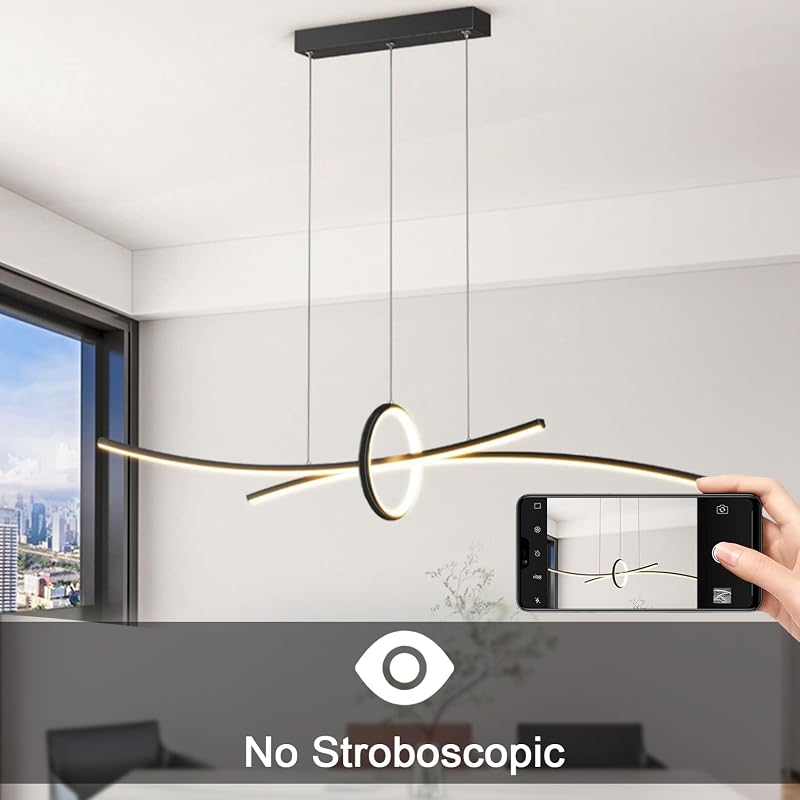 BRIMETI Modern Függőlámpa - 100 cm Állítható Magasságú LED Csillár Távirányítóval és Bluetooth Vezérléssel, Fényerőszabályozható, Fekete Étk