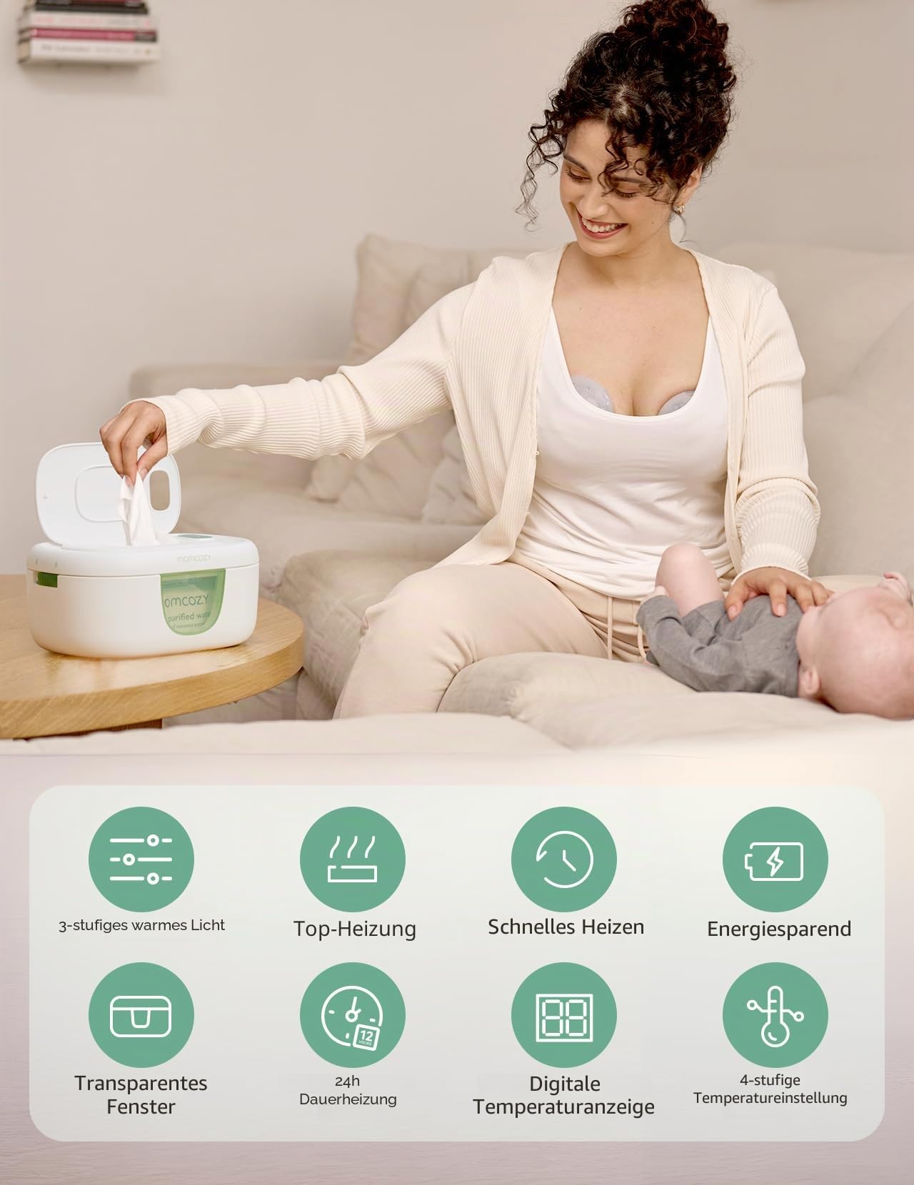 Momcozy Feuchttücherwärmer, innovatives Frühlingsdesign, Feuchttücherspender mit großer Kapazität, schnelles und gleichmäßiges Erhitzen, 4 Modi der Temperaturheizung, Windeltücherwärmer mit Nachtlicht