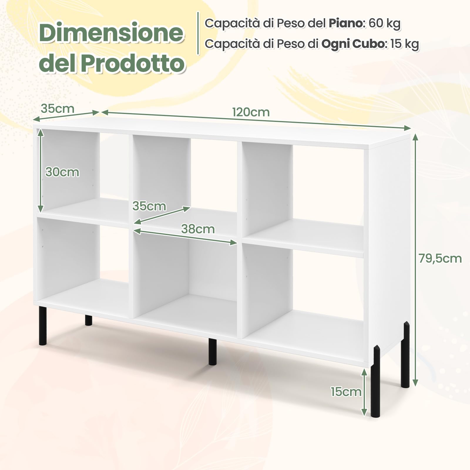 GYMAX Libreria a 6 Cubi, Scaffale a 3 Livelli con 5 Gambe Metalliche, con Ripiani Regolabili, Mobile Moderno per Soggiorno, Studio, Camera da Letto, Ufficio (Bianco)