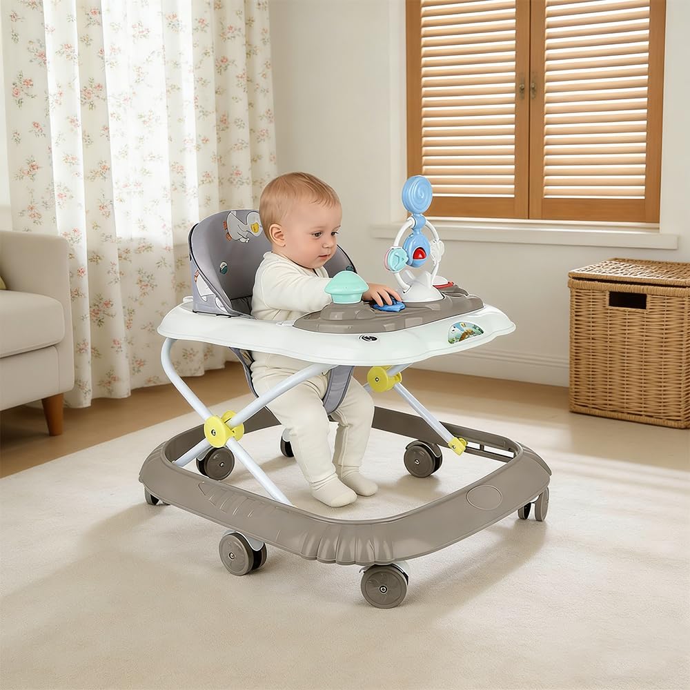 Girello per Bambini, Passeggino Primi Passi con Altezza Regolabile, Babywalker con Vassoio Rimovibile Musicale Giocattolo, per Bambini 6+ Mesi, 67 * 72 * 92 cm - Cachi (B)