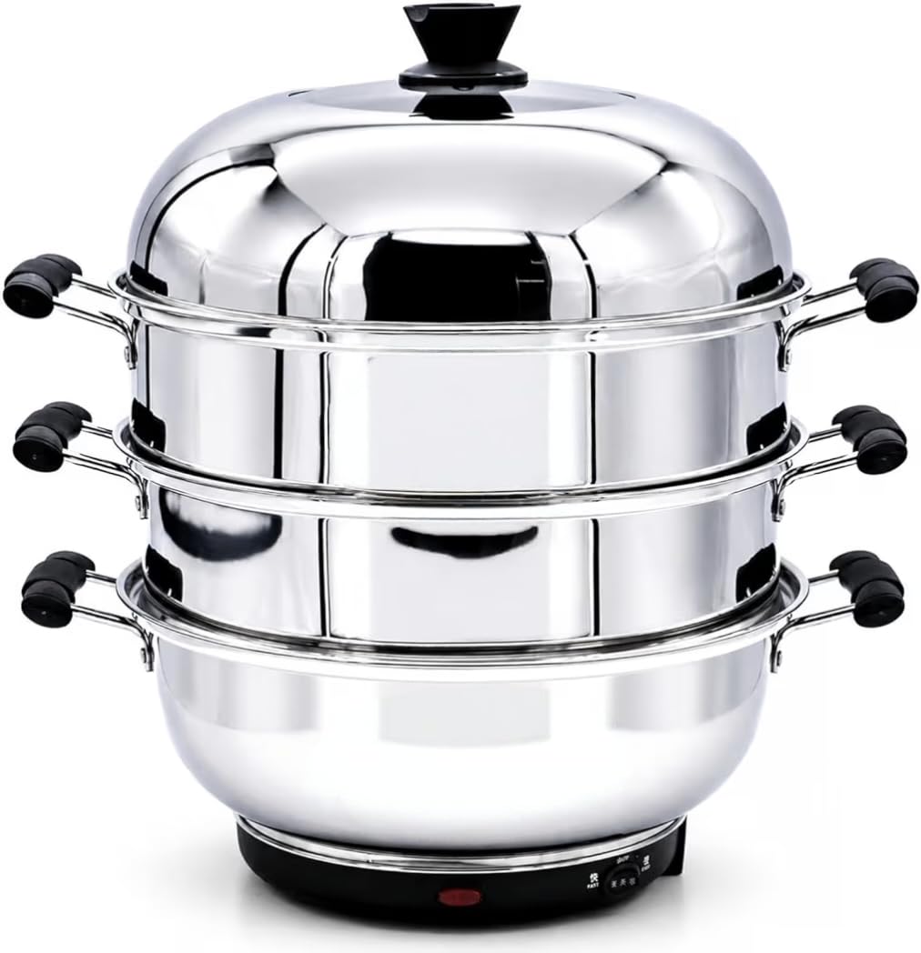3 Tier 32cm Electric Steamer Stainless Steel Momo Vegetable | Electric Powered, 3 Tier Design, 32cm Diameter, Stainless Steel, Multi-Purpose Use-image-6