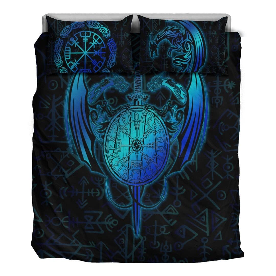 Parure de lit Viking bleu avec impression 3D mythologie nordique et motif dragon