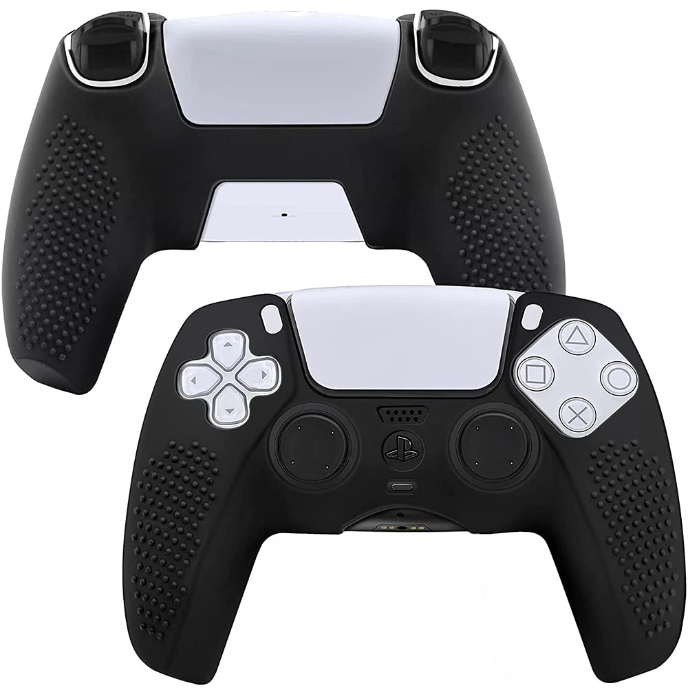 MMOBIEL Cubierta de Piel Antideslizante de Caucho de Silicona con 5 agarres de Pulgar de Diferentes tamaños Compatible con el Controlador DualSense para PS5 - Negro