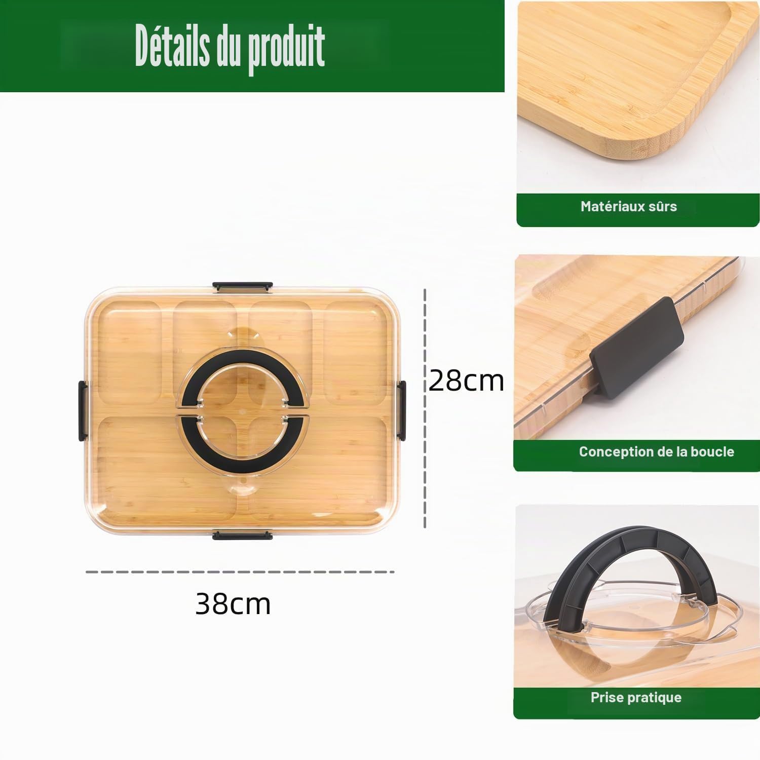 Planche à charcuterie avec couvercle transparent et poignée, boîte à collations portable en bambou Zinaroty, planche à découper pour fromages pour pique-nique, fête, cadeau d'inauguration (Noir)