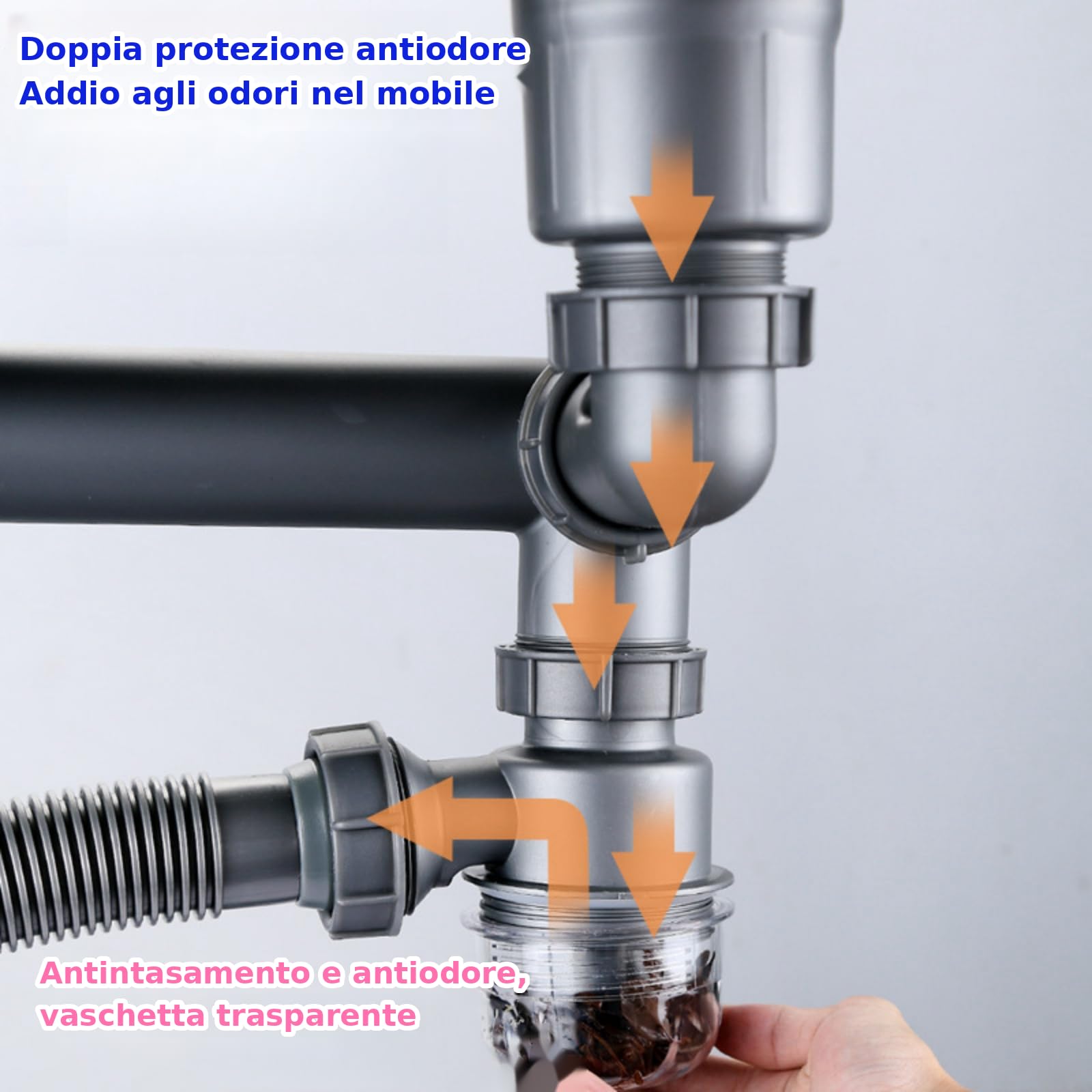 Set di scarico per doppio lavello - Set di scarico per lavello da cucina salvaspazio - Sifone flessibile estensibile 114mm - Set di montaggio per scarico lavello con adattatore di