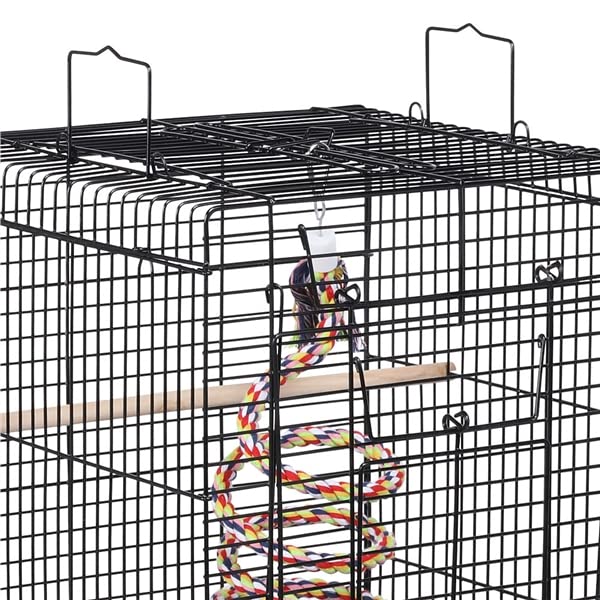 Abician Cage à Oiseaux en Métal pour Petits Oiseaux, Cage à Perruches avec Jouet, Corde à Clochette, 3 Perchoirs, 2 Mangeoirs, 1 Toit Ouvert 40 x 40 x 58 cm Noir