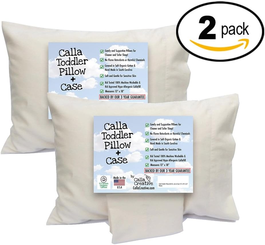 2 Pack Calla Toddler Pillow Soft Organic Cotton of size 13" x 18" x 3.5" Bundle with 2 Pack Calla Toddler Pillowcase, Organic Egyptian Cotton: Certified - 13" x 18"