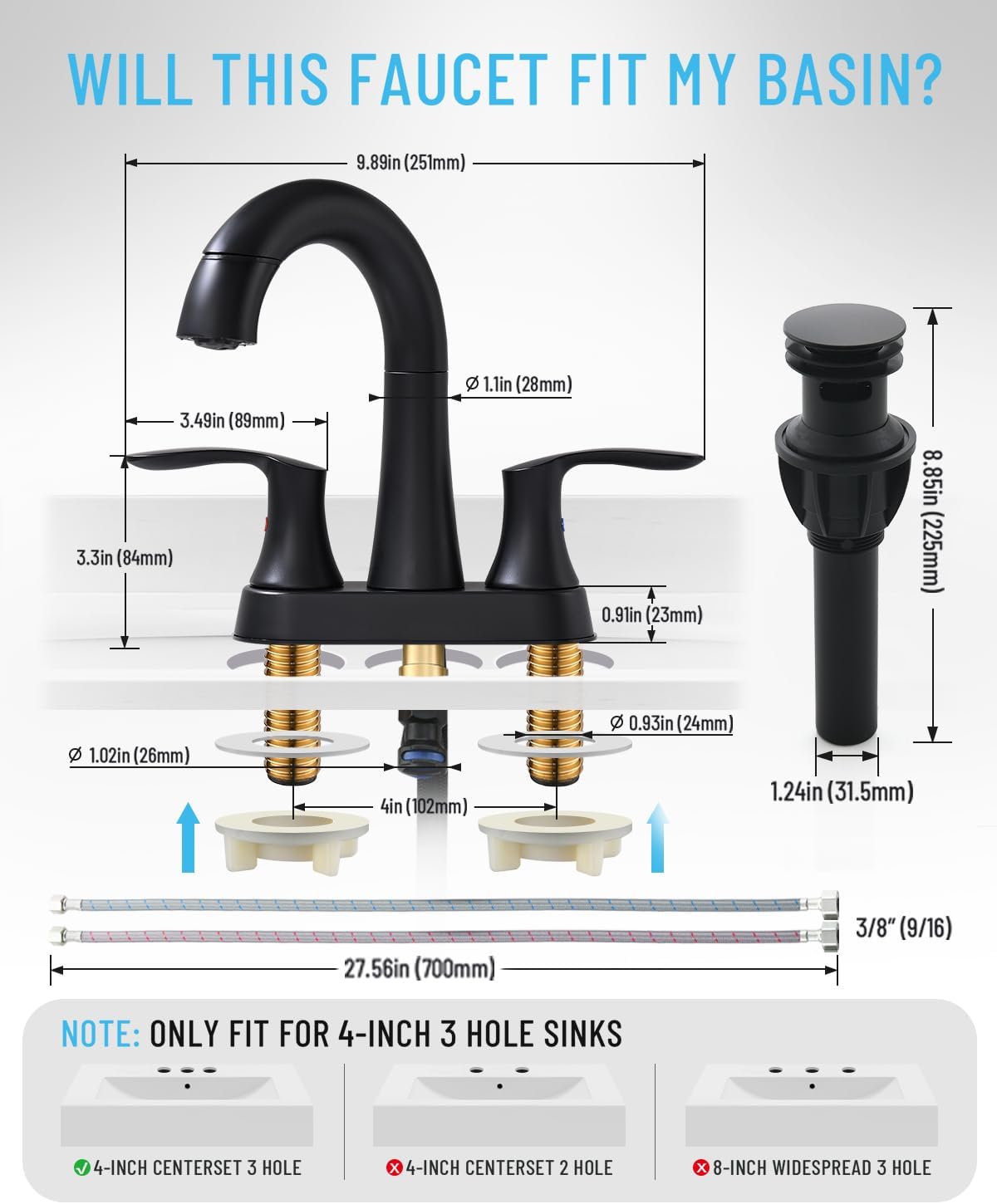 Bathroom Faucet with Pull Out Sprayer, 4 Inch 3 Hole Bathroom Sink Faucet, 360 Swivel Widespread Pull Down Bathroom Faucet with Pop Up Drain and Water Supply Line - Matte Black - Image 7
