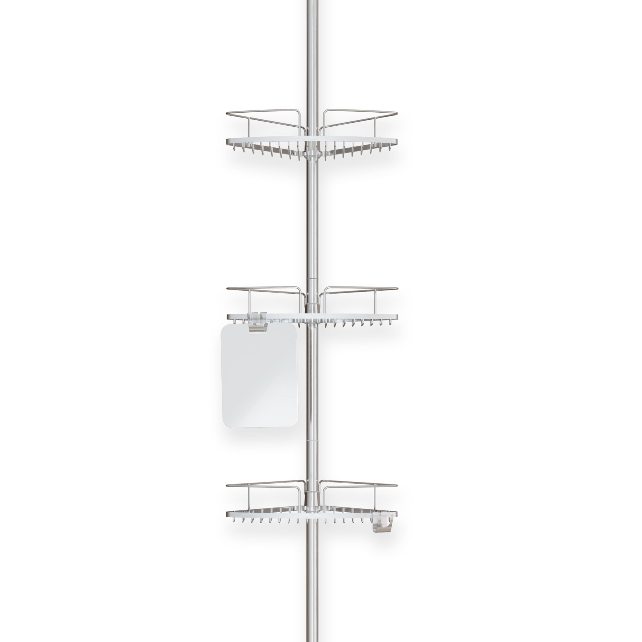 Better Living Fineline 3 Tier Tension Shower Pole Caddy with Mirror Adjustable 3 Large Baskets Rust-Resistant Stainless Steel