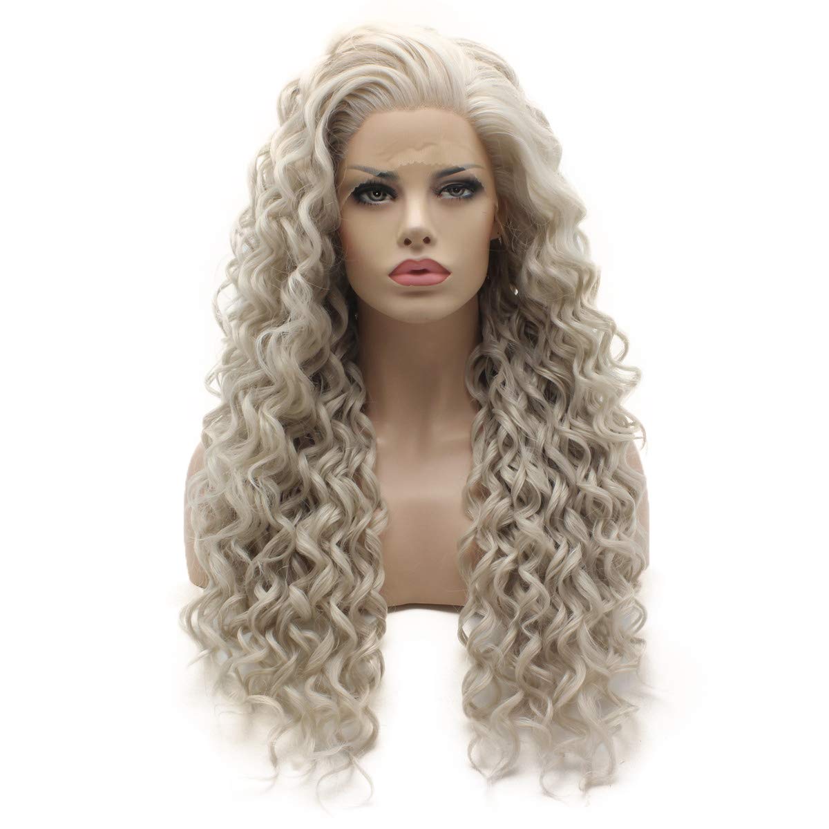 Lushy Long Curly Light Grey Wig Heavy Density Half Hand Tied Heat Resistant Synthetic Lace Front Wig