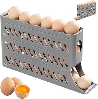 Egg Holder Slim Visibility 4-Tier Automatic Rolling Stackable Egg Skelter Space-Saving for Holds 30 Eggs Keeping Freshness Dispenser for Refrigerator Kitchen Cabinet (Grey)