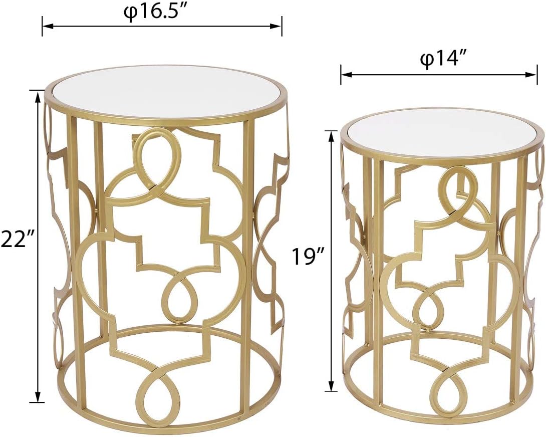 Gold&White Round Nesting Side End Tables Set of 2 in Wooden Top, Assemble Already, Small Coffee Tables for Living Room Small Space, 16.5" D x 22" H & 14" D x 19" H : Home & Kitchen