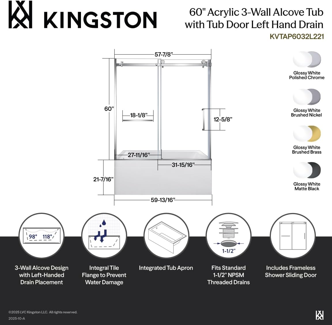 Kingston Brass KVTAP6032L227 60" Acrylic Rectangular 3-Wall Alcove Tub with Tub Door, Left Hand Drain, White/Brushed Brass