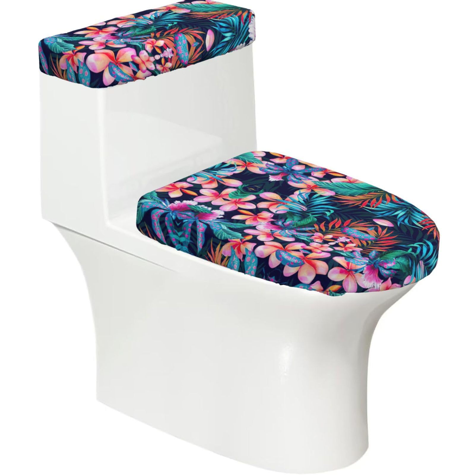 Tropical Flowers Print Bathroom Decor Toilet Lid Cover And Tank Covers, Restroom Accessories Fits Most Round