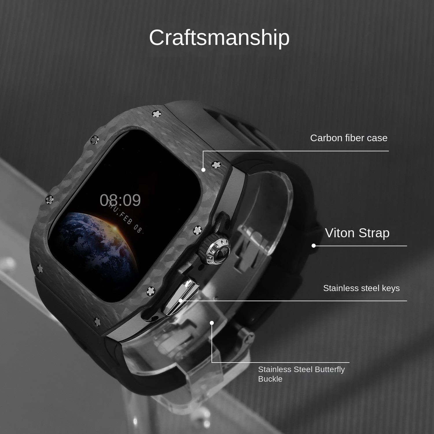Carbon Fiber and Titanium Watch Case and fluororubber band Set，For Apple Watch 46mm 42mm Series Watch，Rubber Watch Strap Mod Kit Accessories
