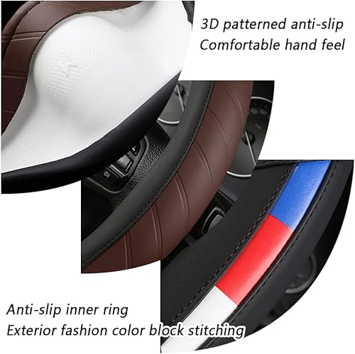 Miniatura 3 de Funda para volante de automóvil, funda de cuero sintético con diseño de retazos de color fresco, antideslizante y transpirable para la mayoría de