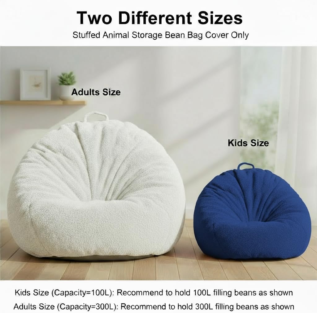 Faux Rabbit Fur Bean Bag Chair Cover Only (No Filler), Stuffed Animal Storage Bean Bag Cover, Ultra‑Soft, Washable, Zippered, Non‑Slip Bottom, Handle,Living Room Furniture for Adults Blue