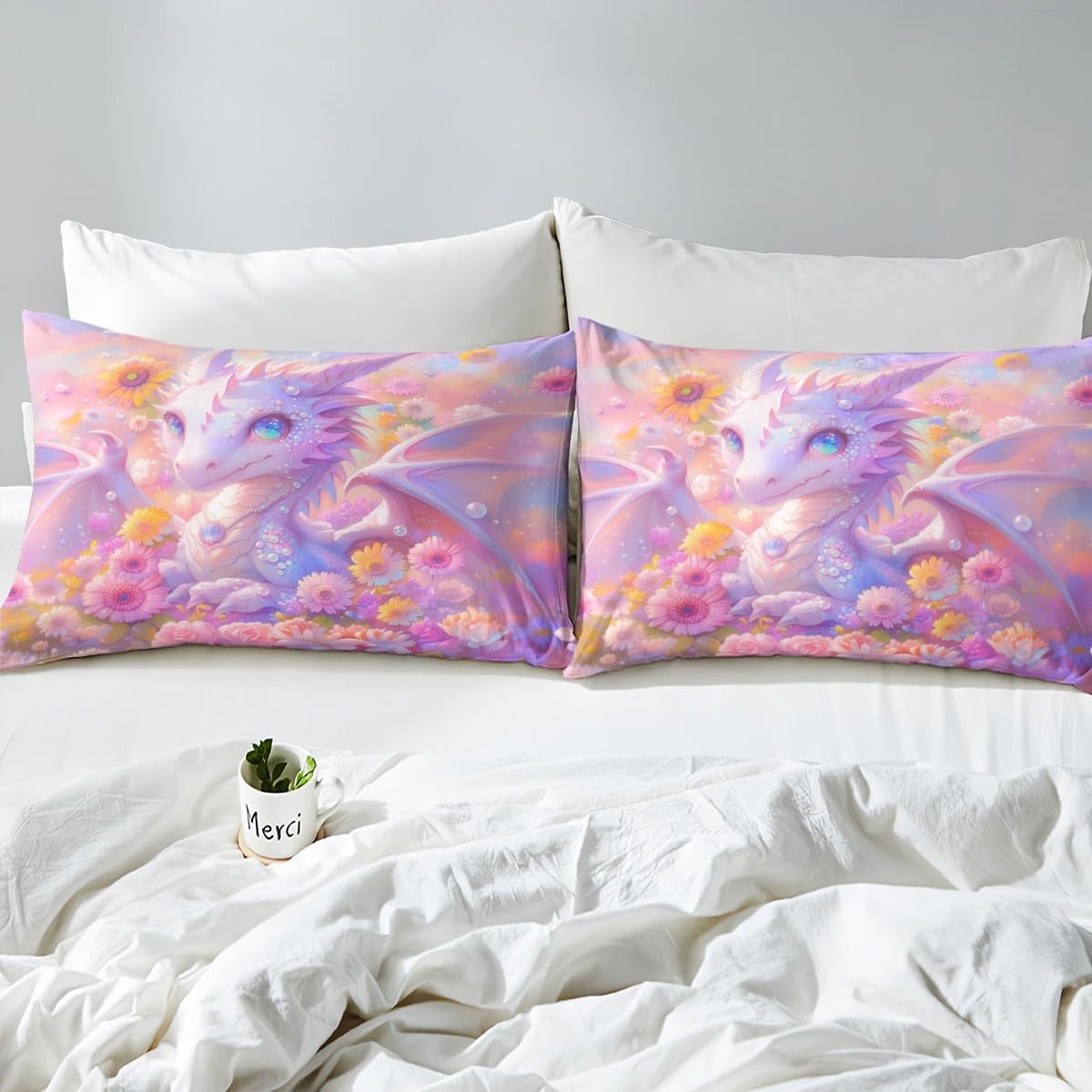 Manfei Dragon Kids Fitted Sheet Twin Size, Pink Yellow Flower Bedding Set for Girls Women Room Decor, Fairy Tale Animal Bed Cover with 1 Pillowcase, Soft Polyester Bedding, No Top Sheet