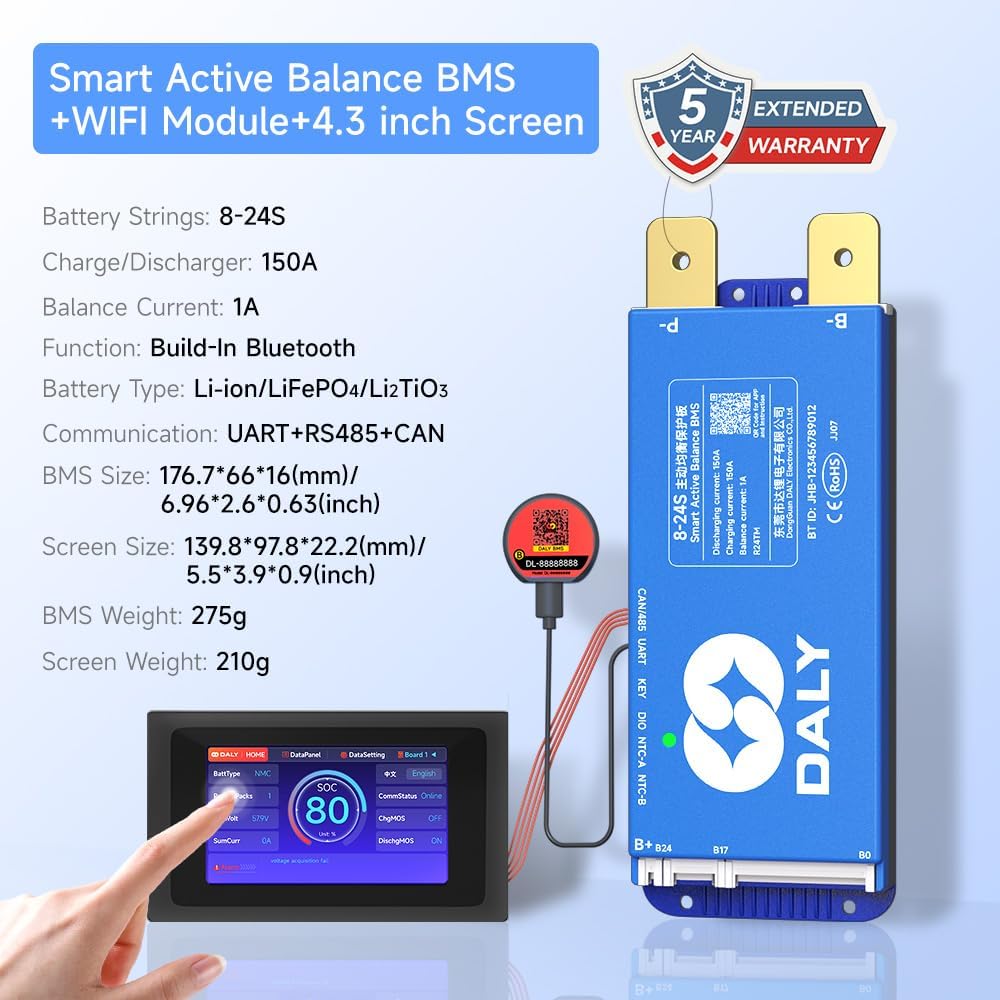 100BALANCE 150A 8-24S Smart Active Balance CAN BMS + WiFi Module +4.3inch Touch LCD Display Set