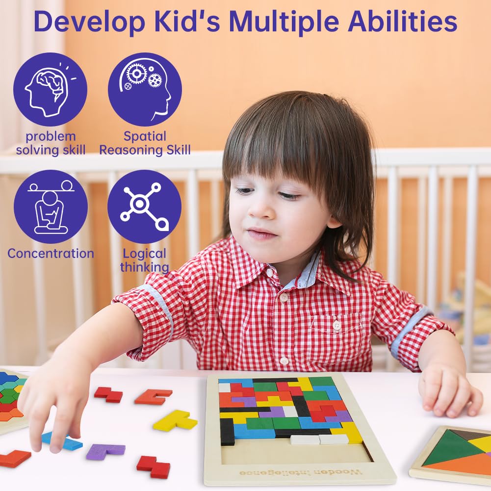 Ainiv Tangram Puzzles, 3 w 1 Drewniane Puzzle Inteligencji Zestaw, Drewniana Układanka, Łamigłówka, Zabawki Edukacyjne, Pudełko Puzzle, Klocki Budowlane, Prezent dla Chłopców i Dziewcząt