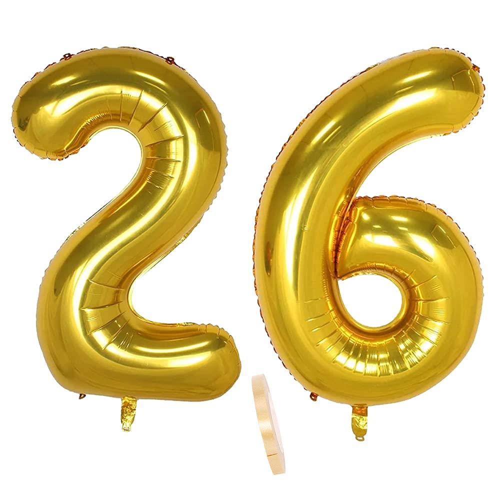 Foil Balloon Number Decoration Gold 26 for Women Men, XXL 100 cm Giant Number Inflatable Helium Balloon Figures Numbers Balloons for 26th Years Man Woman Birthday Wedding Anniversary Party Decoration